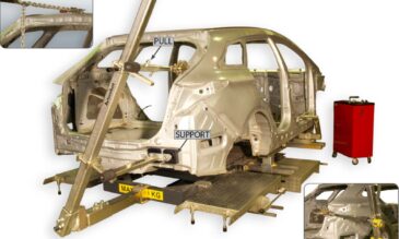 Straightening the rear of the vehicle while it is supported by lift pads.