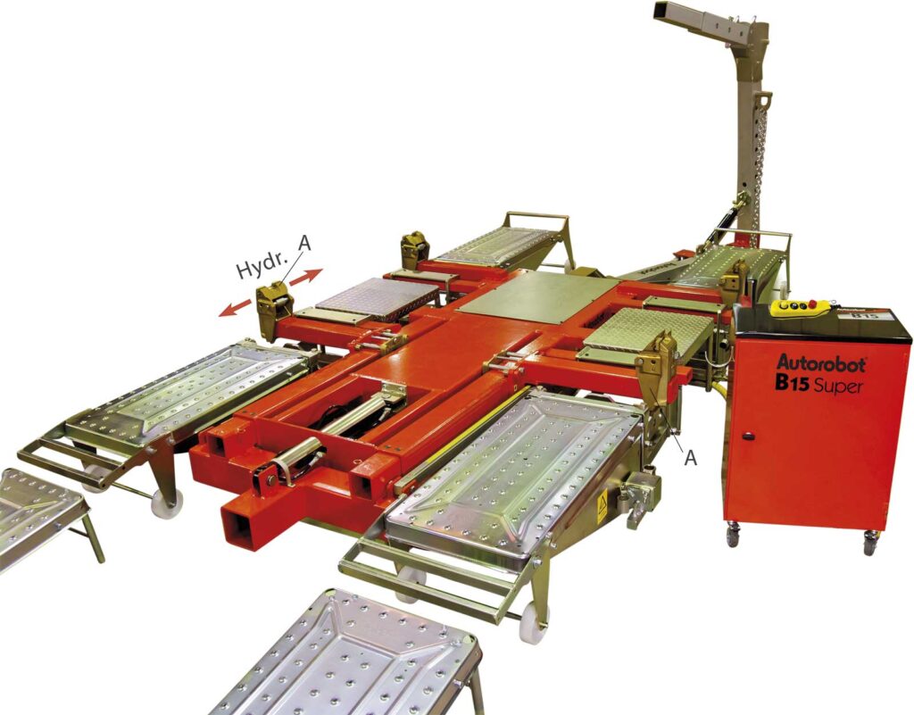 Frame straightening machine in its lowest working position.