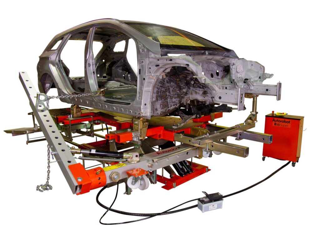 Frame straightening machine equipped with electric hydraulics.