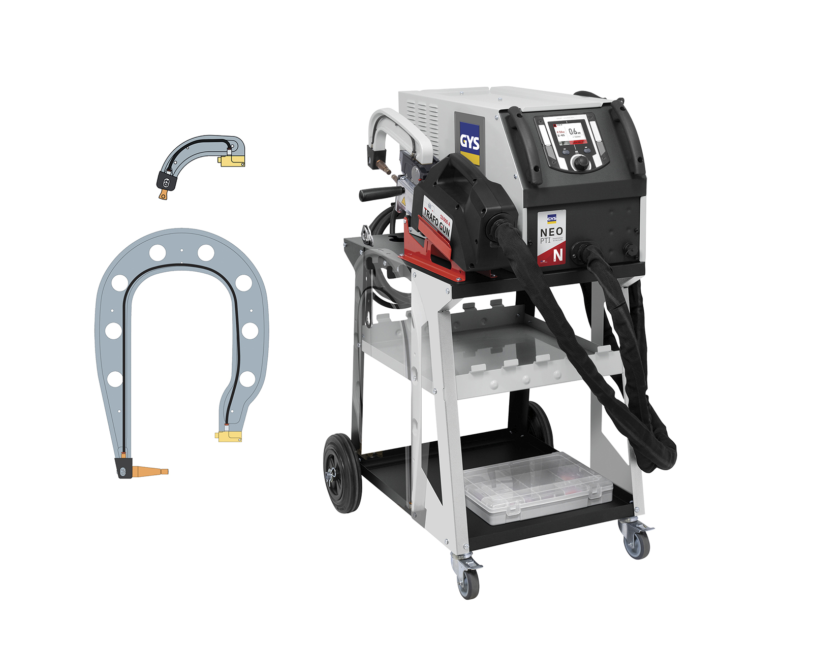 Harmaa hitsauslaite varusteineen.